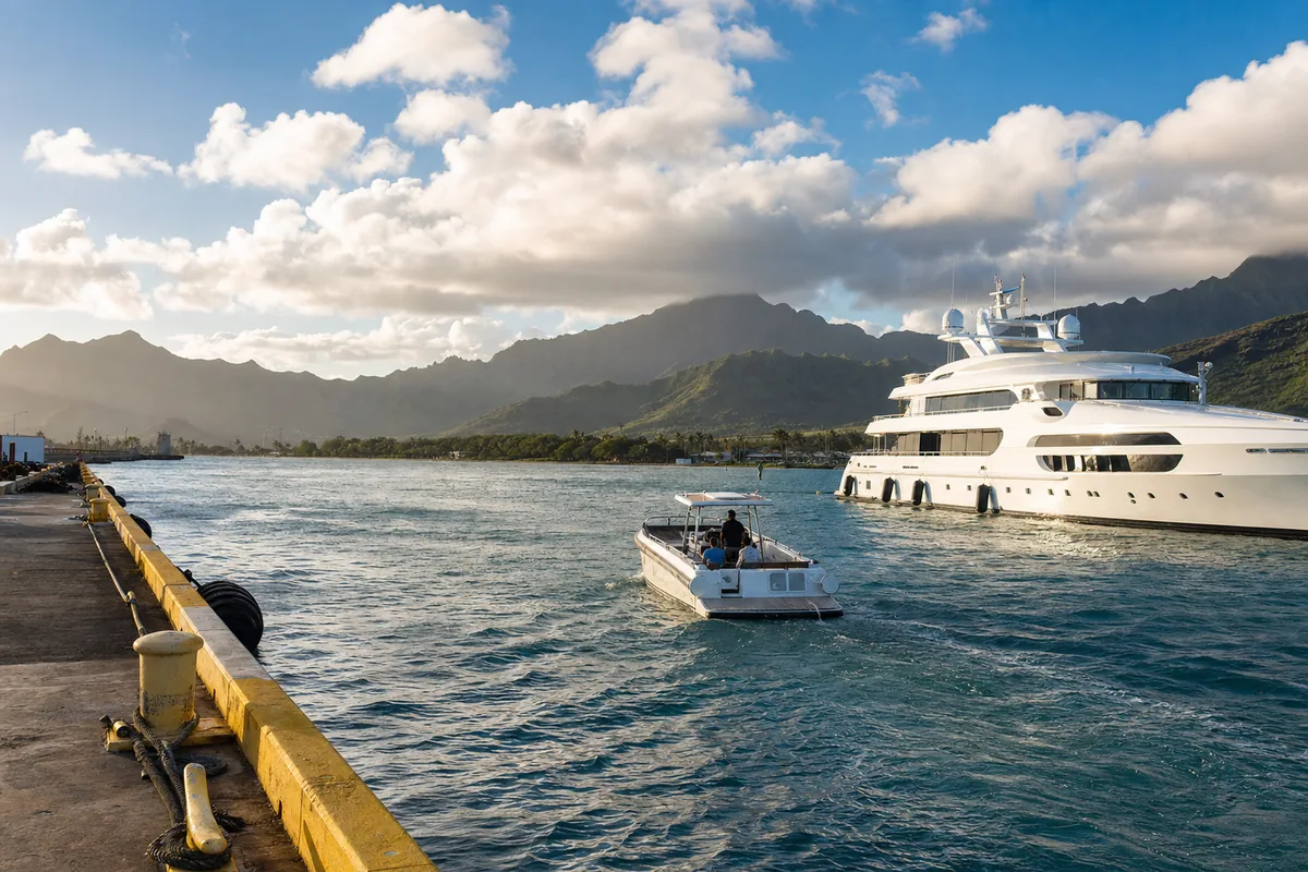 Yacht tender crossing calm water toward a Hawaiian coastline.