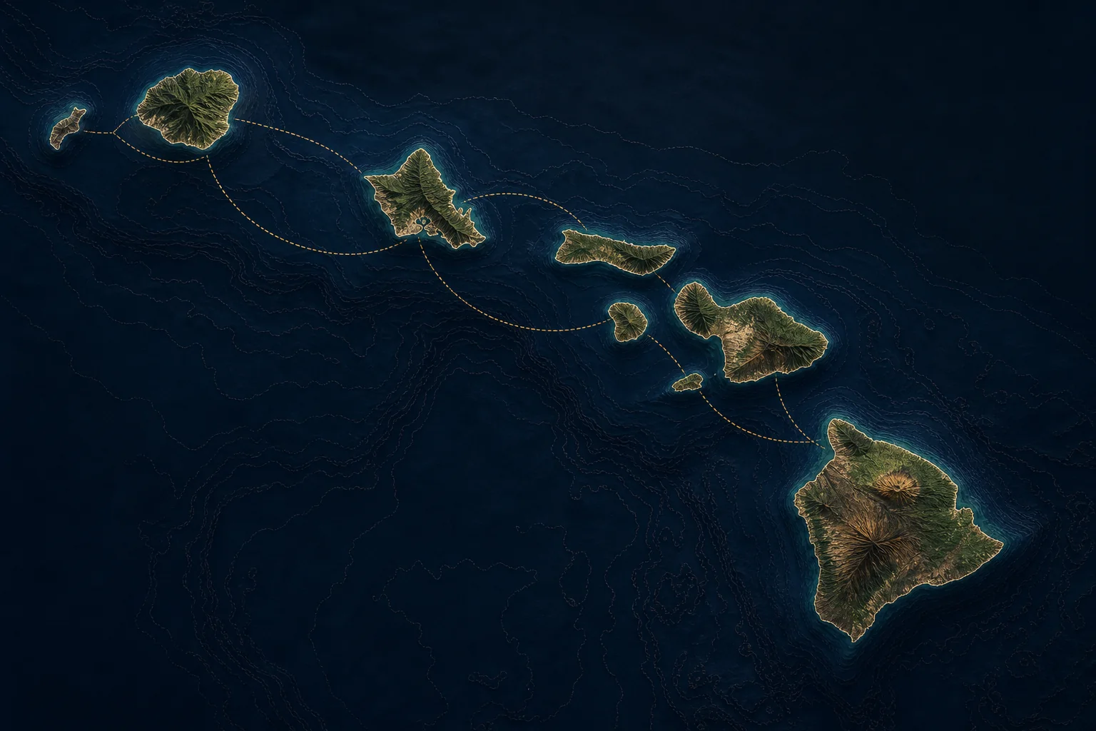 Relief map of the Hawaiian island chain showing 11 commercial harbors served by HYANS.