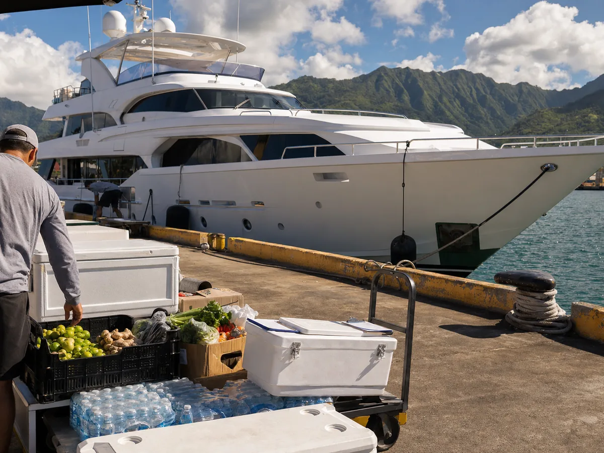 Yacht provisioning supplies checked dockside before delivery.