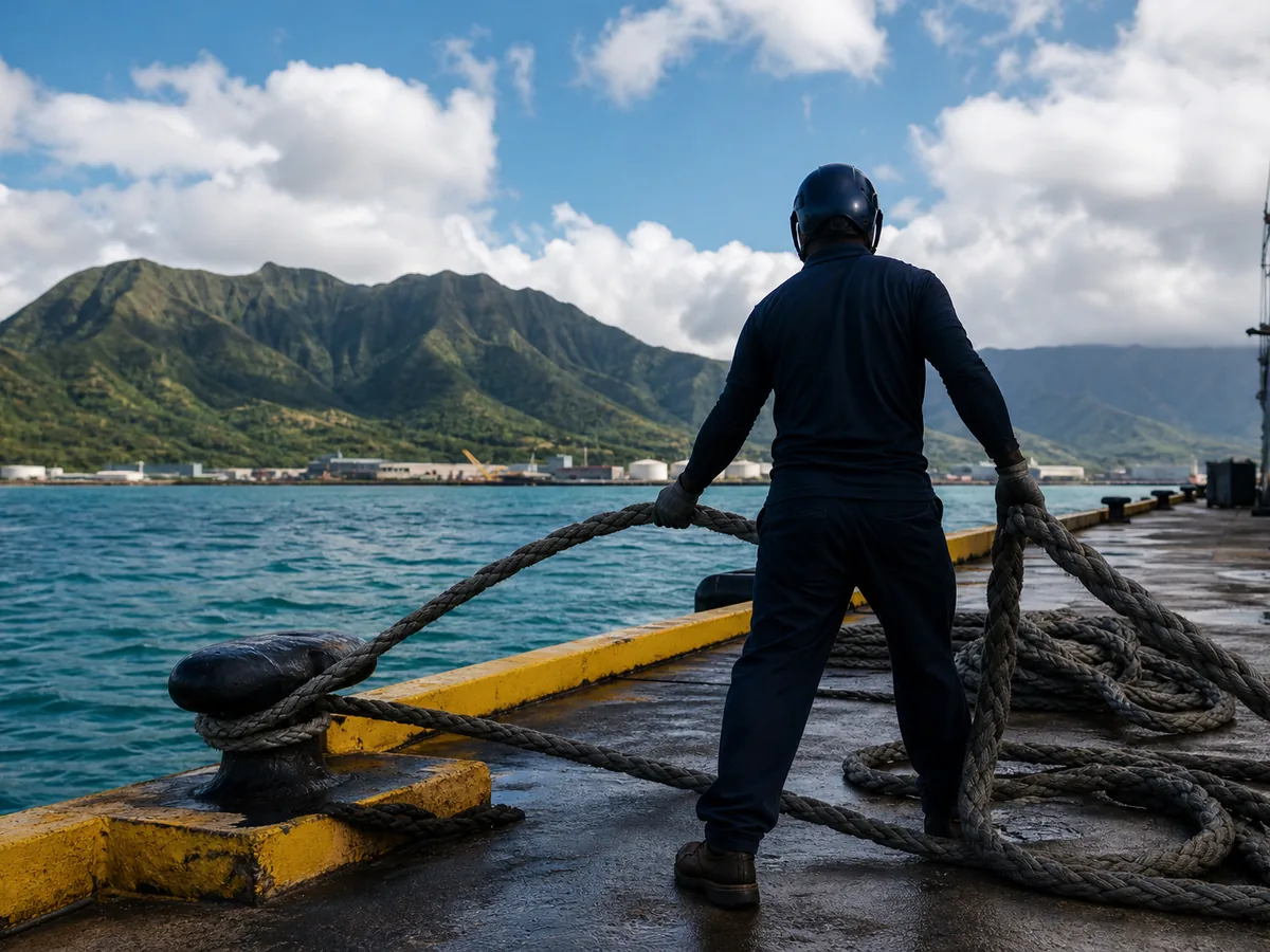 Line handlers preparing mooring lines for a port call.