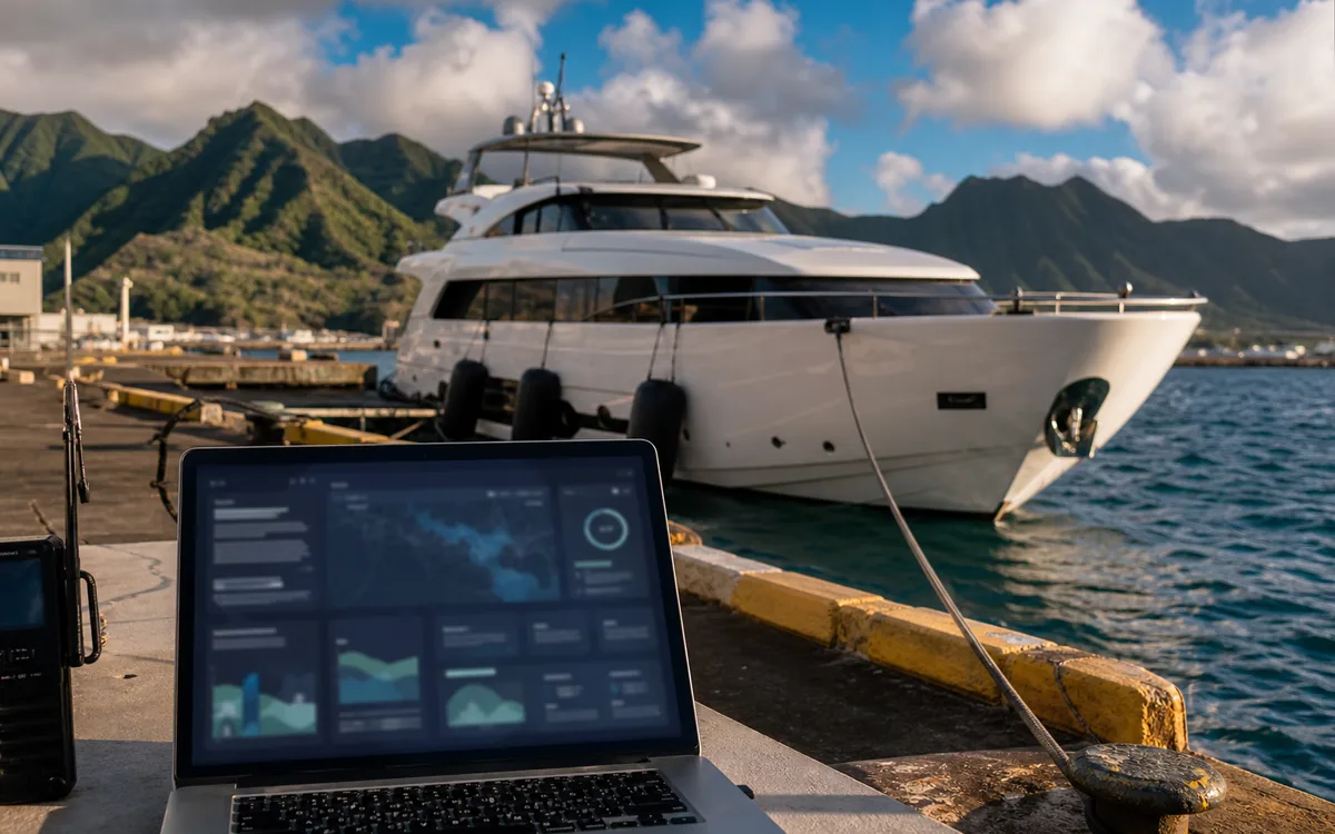 Laptop showing a secure voyage operations dashboard aboard a yacht.