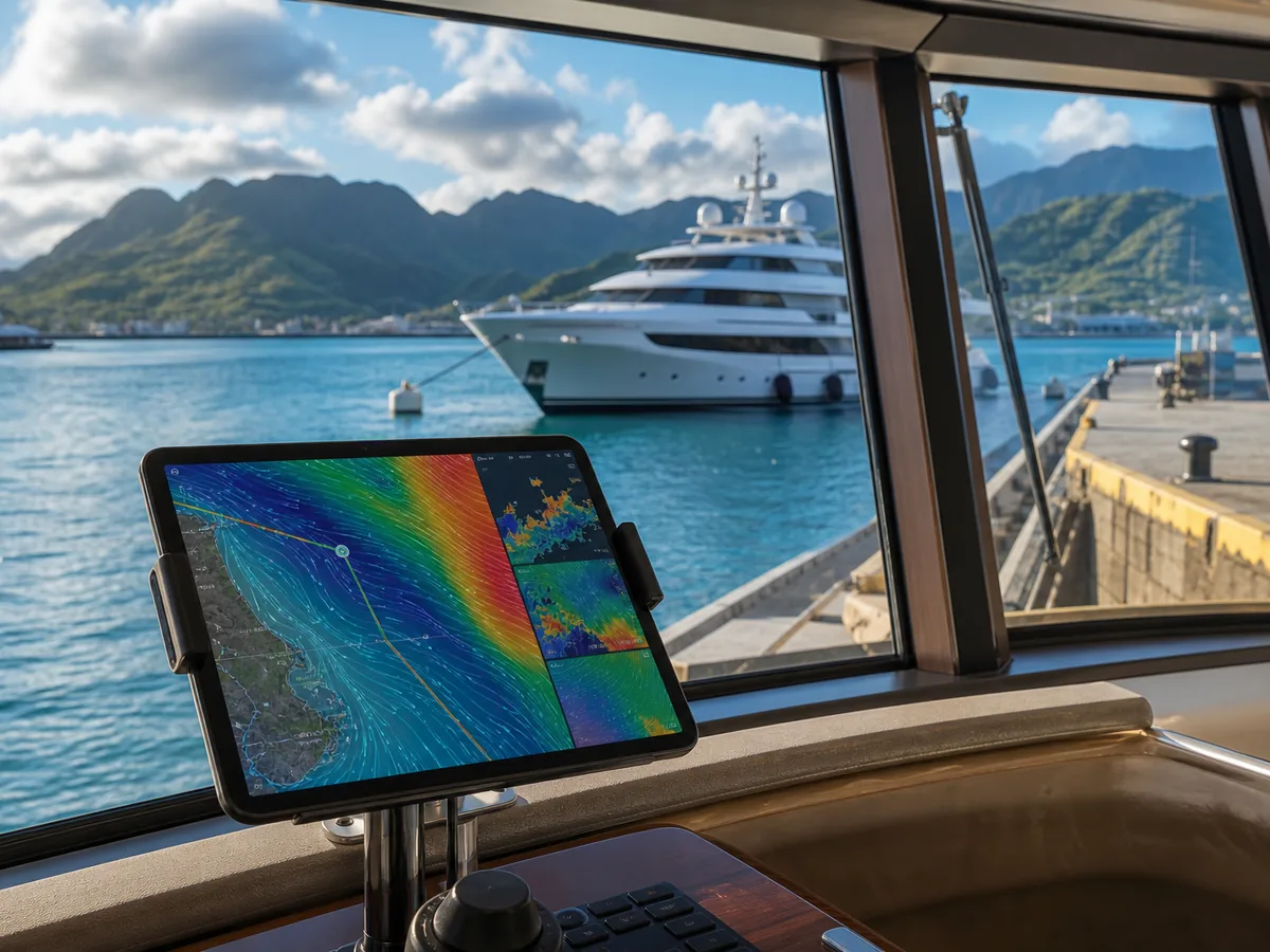 Tablet with abstract weather routing interface on a yacht bridge.