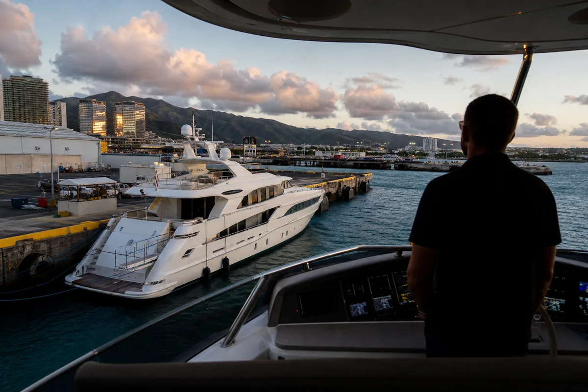Captain silhouette on a yacht bridge overlooking harbor lights.