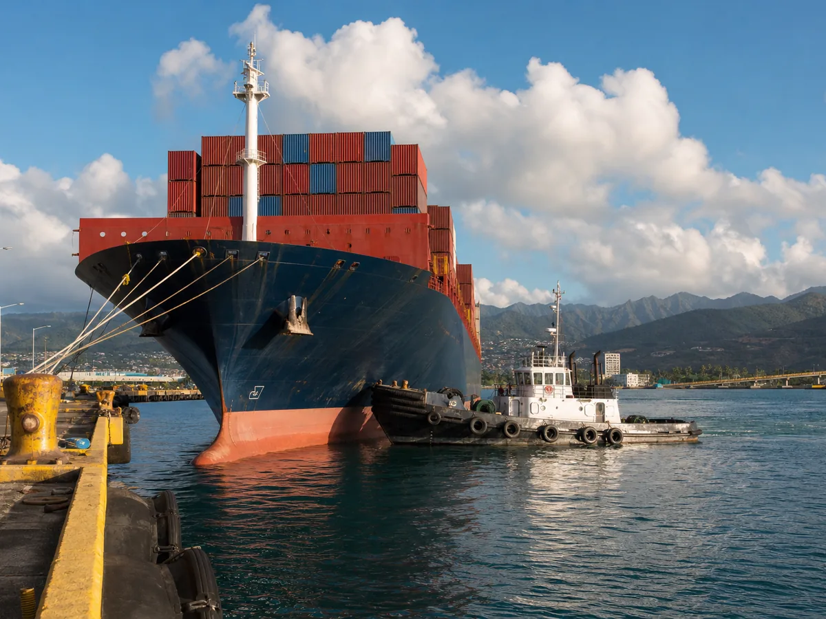 Commercial cargo vessel and tug in a Hawaiian harbor.