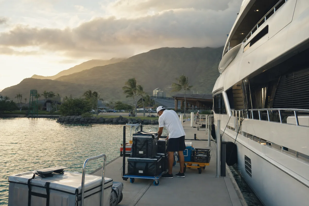 Premium provisioning delivery prepared at a yacht dock.