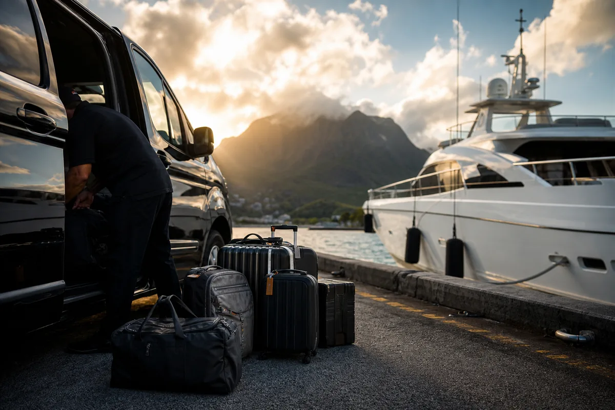 Crew luggage prepared for airport-to-harbor transfer.