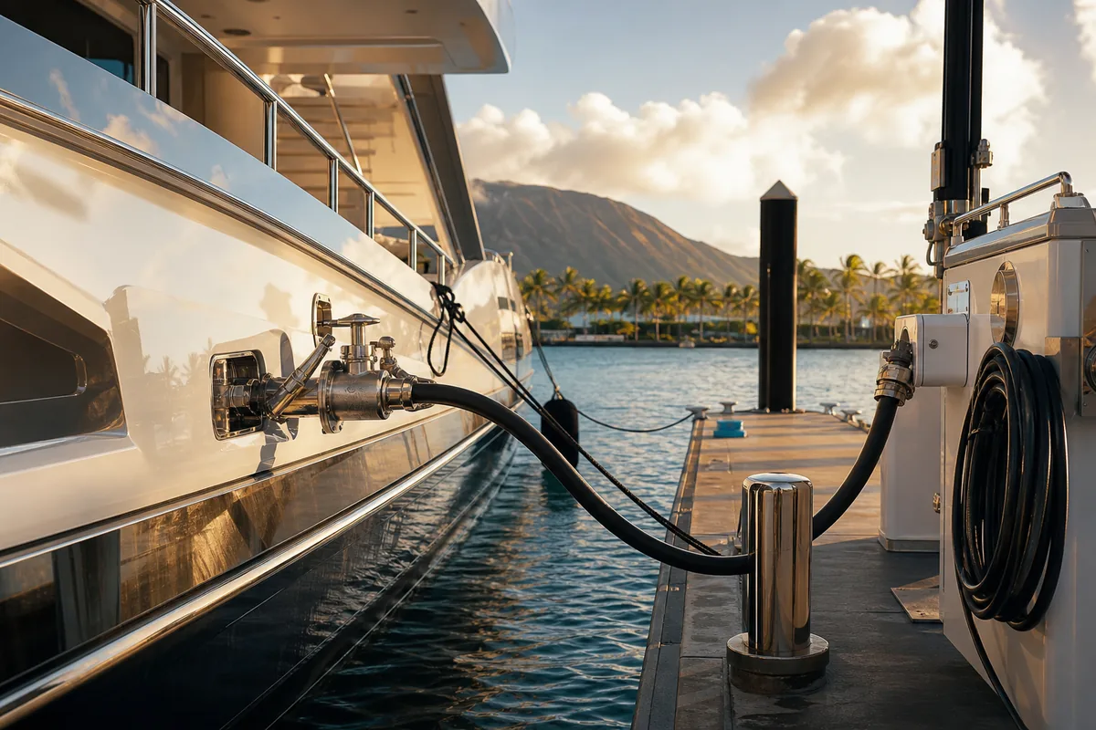 Dockside fuel delivery setup beside a yacht berth.
