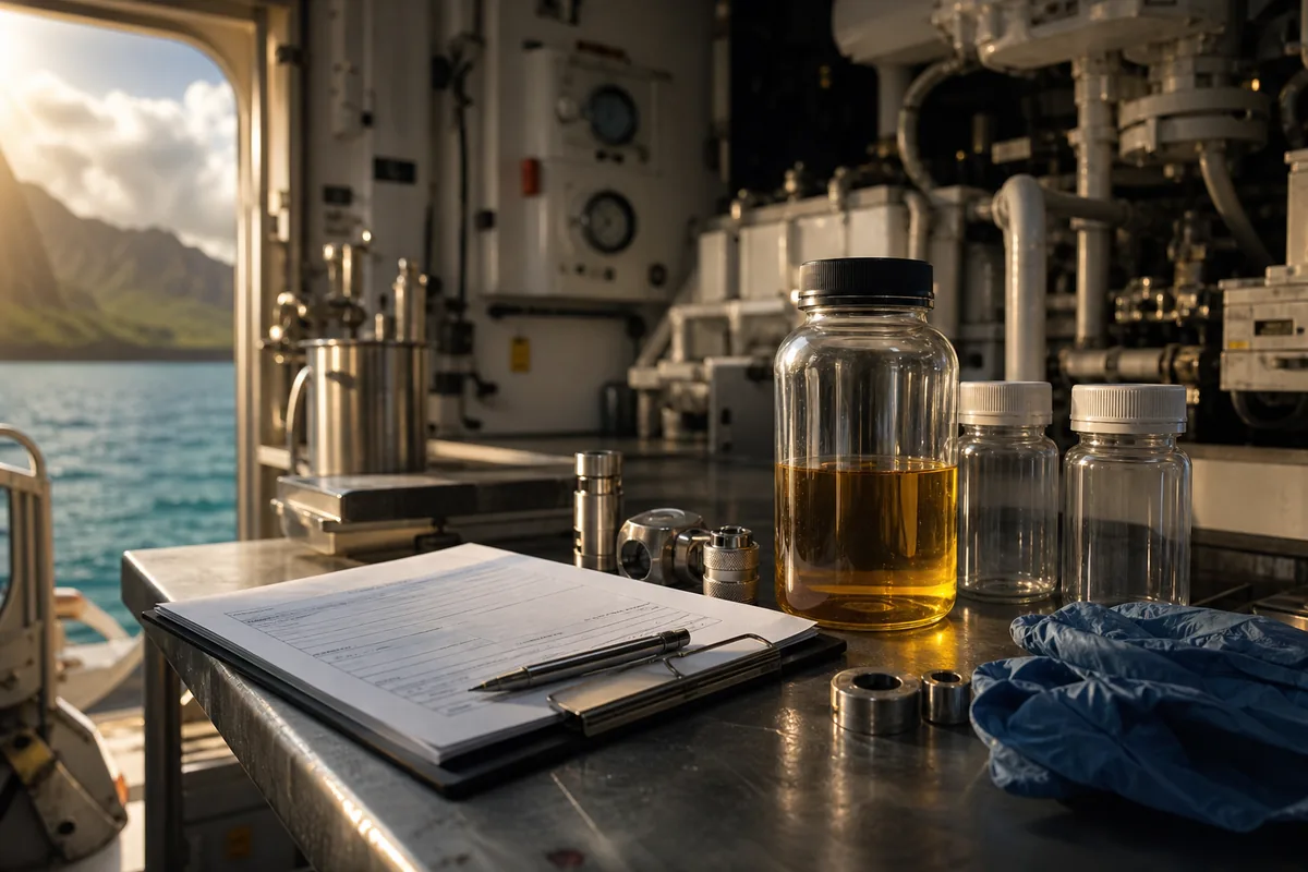Fuel sample and bunkering paperwork on an engine-room workbench.