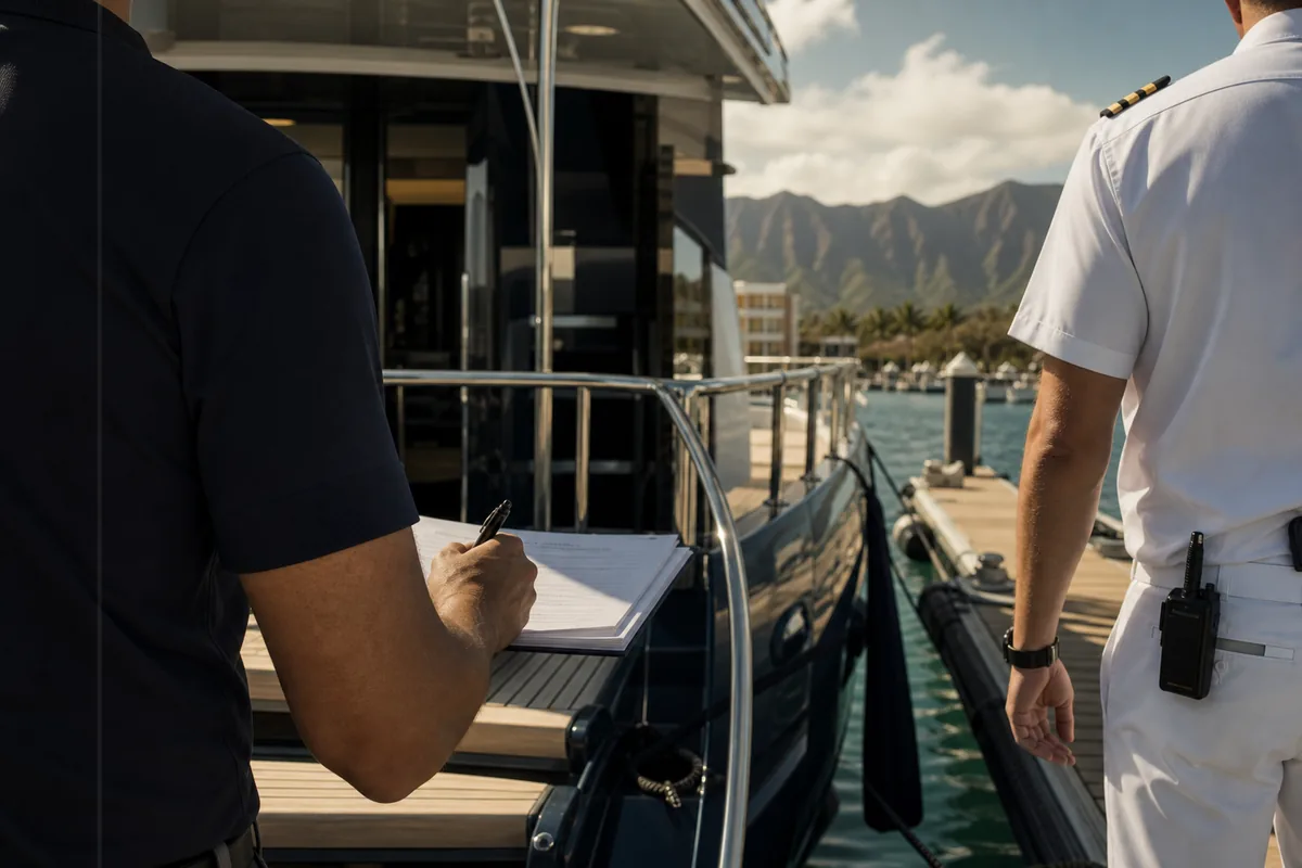 Dockside agent coordinating with a vessel captain.