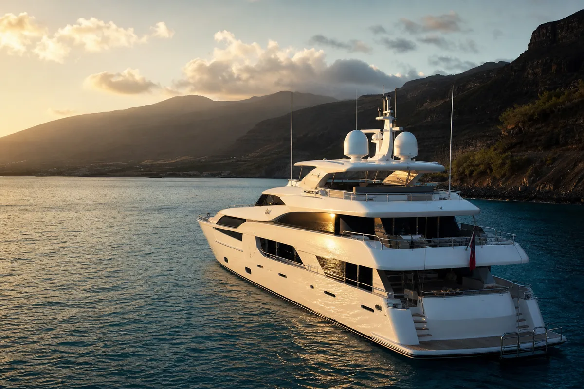 Yacht anchored off a Hawaiian leeward coastline at dawn.
