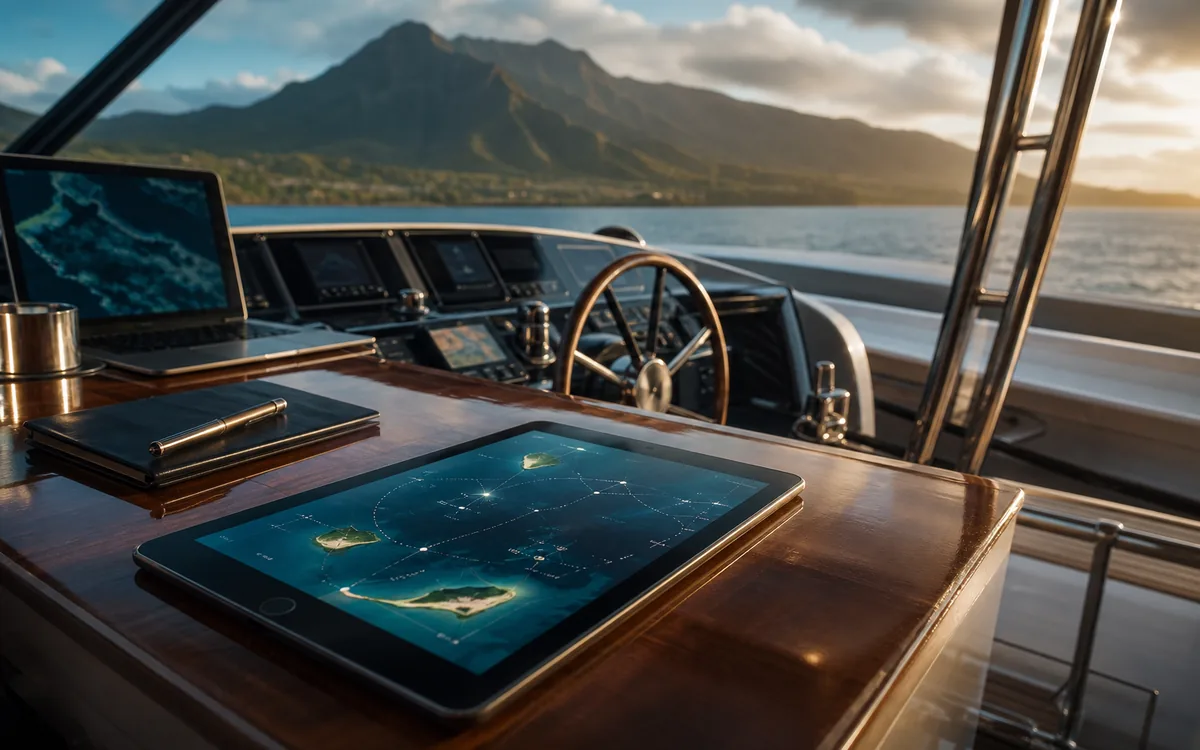 Tablet showing abstract interisland route planning on a yacht chart table.