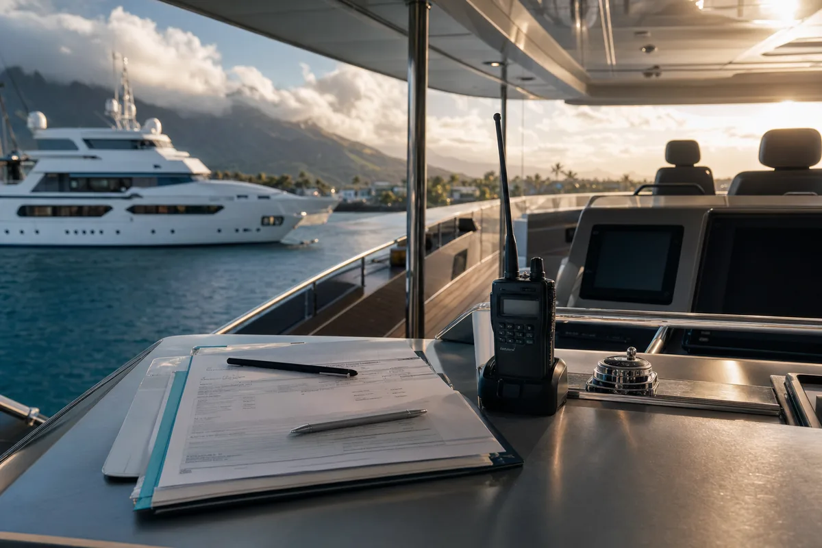 Port-call paperwork and radio prepared for arrival coordination.
