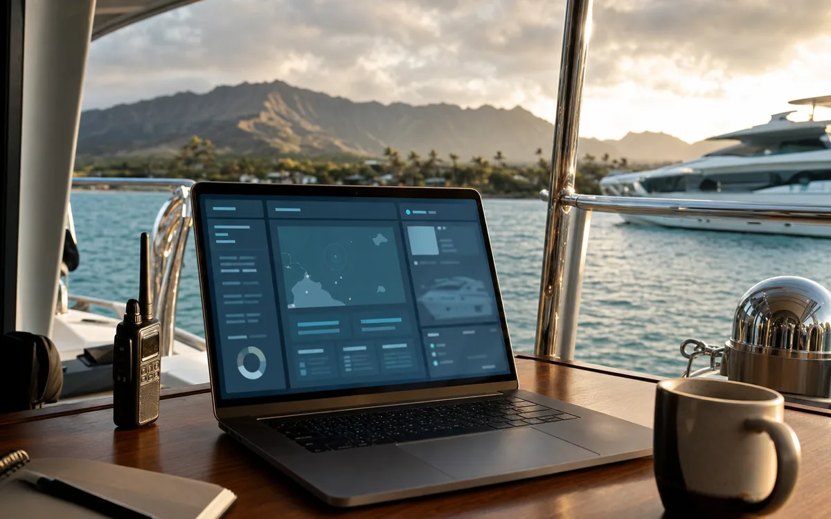 Laptop displaying a secure digital voyage dossier interface.