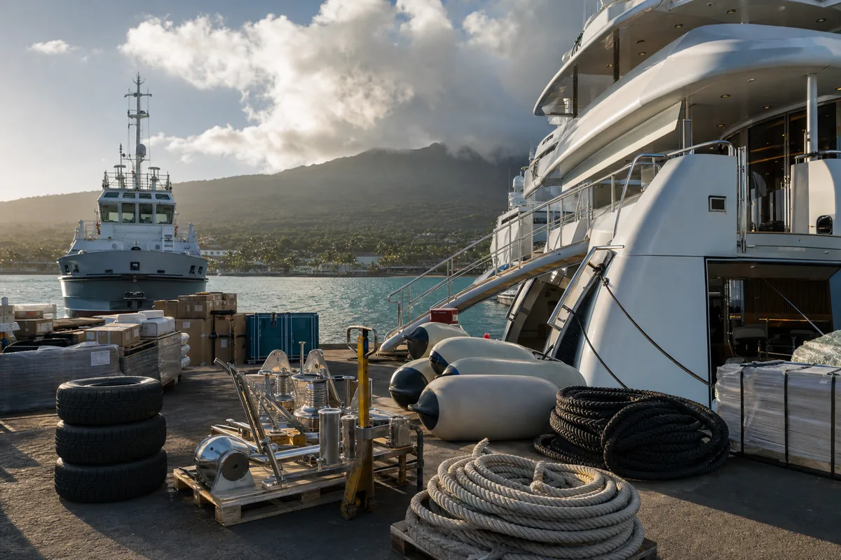 Ship husbandry supplies and spares organized on a commercial dock.