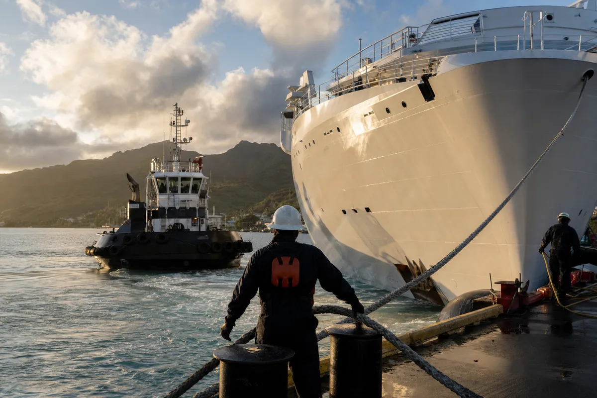 Tug and line handlers assisting a vessel in port.