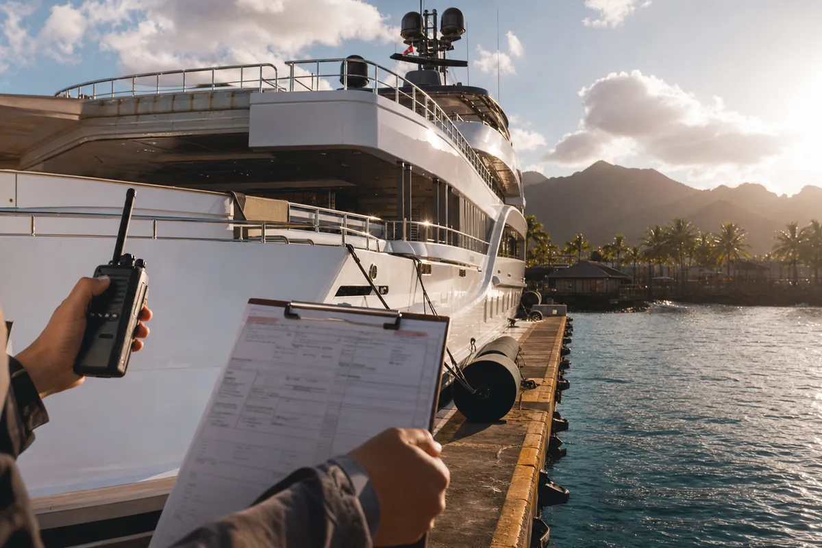 Agent coordinating superyacht clearance and dockage from the pier.