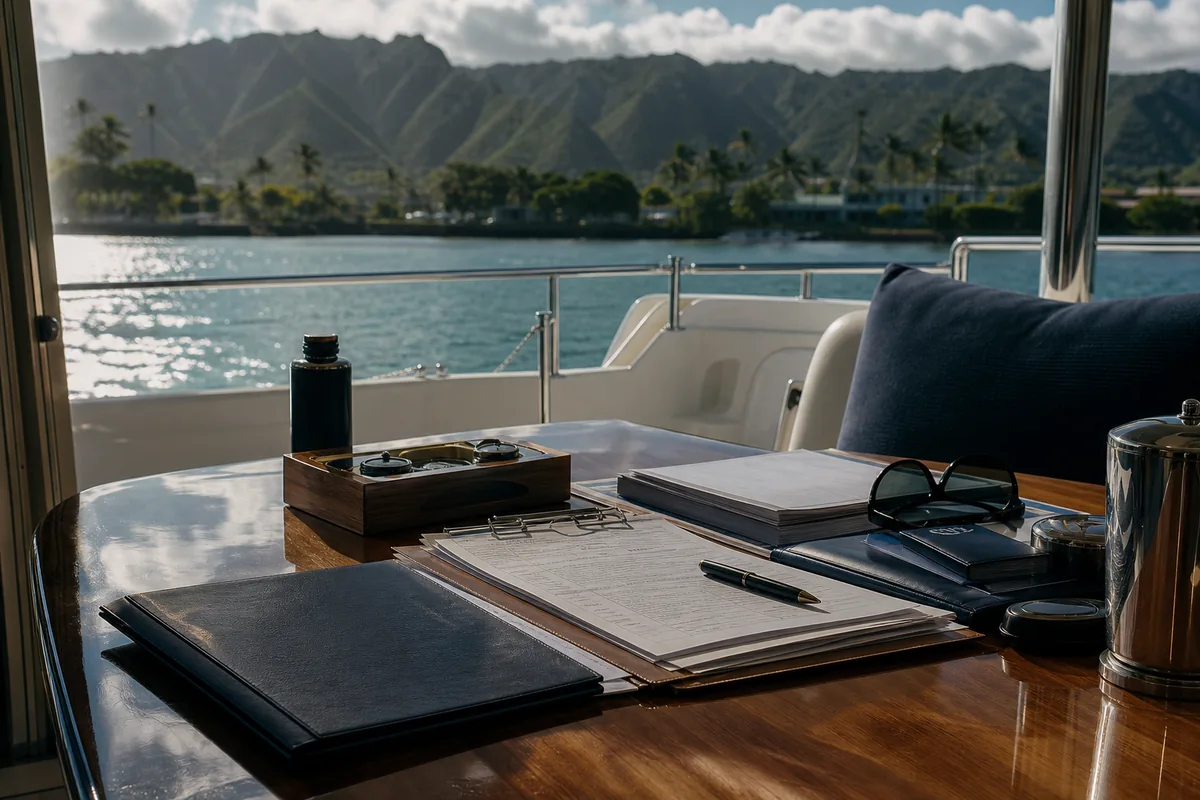 Departure dossier documents arranged on a yacht table.