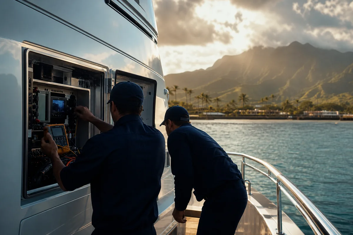 Marine engineer and electronics technician servicing yacht systems.