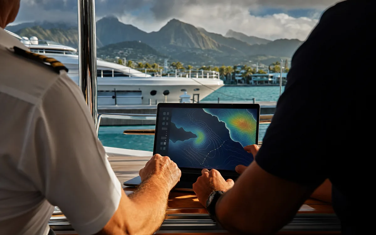 Captain and agent reviewing an abstract weather-route briefing.