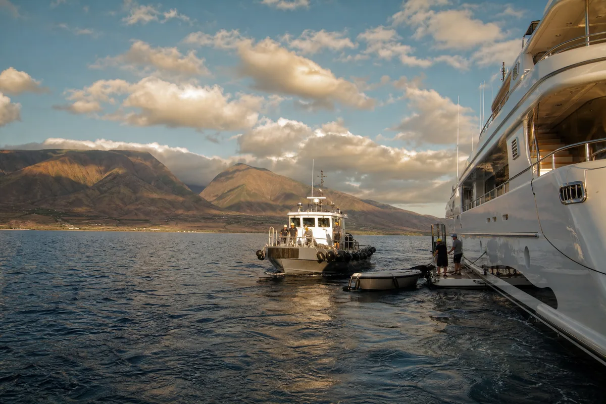 Leeward Maui yacht-support scene with calm water and mountains.