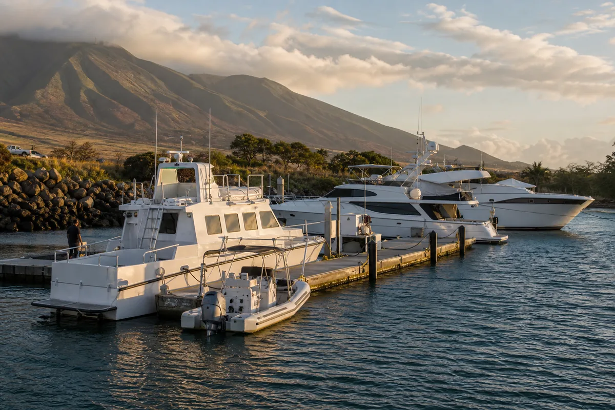 Small boat harbor on Maui with support-vessel logistics.