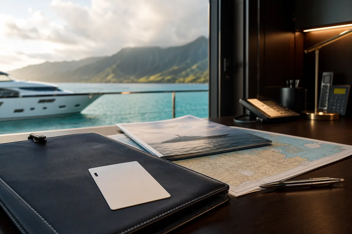 Secure access keycard and voyage dossier materials on a desk.