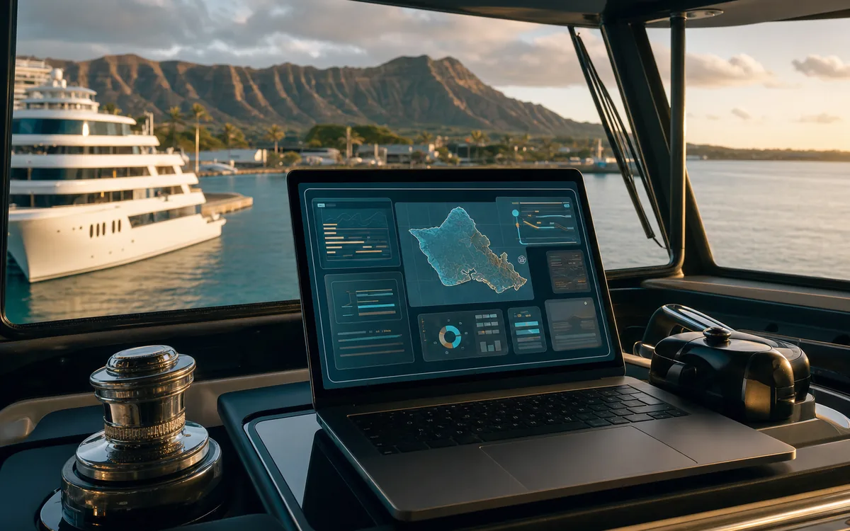 Laptop displaying a fictional secure voyage operations dashboard.