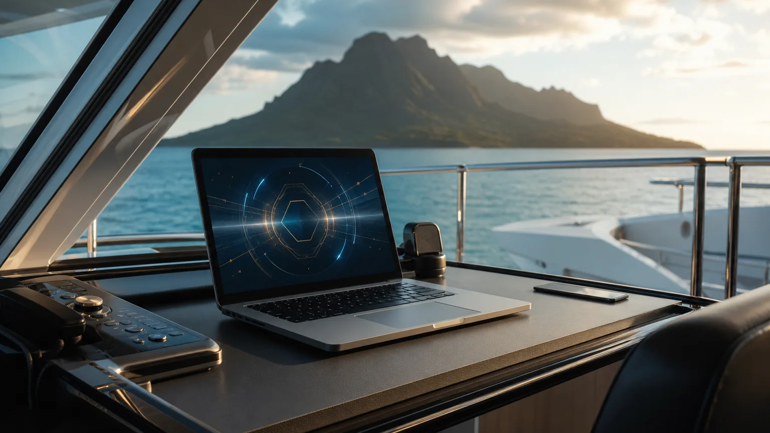 Abstract secure portal transition shown on a yacht office laptop.