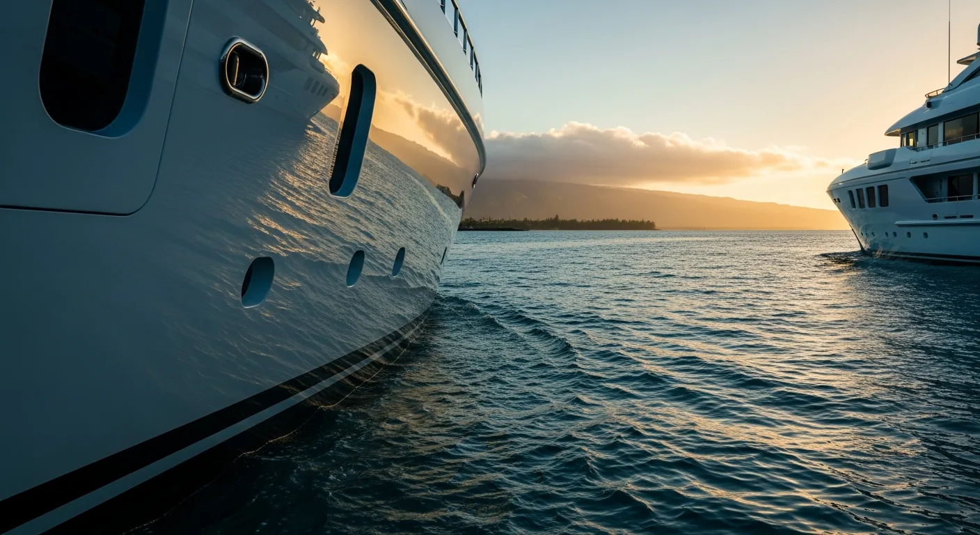 Looping waterline view of a superyacht entering a Hawaiian harbor.