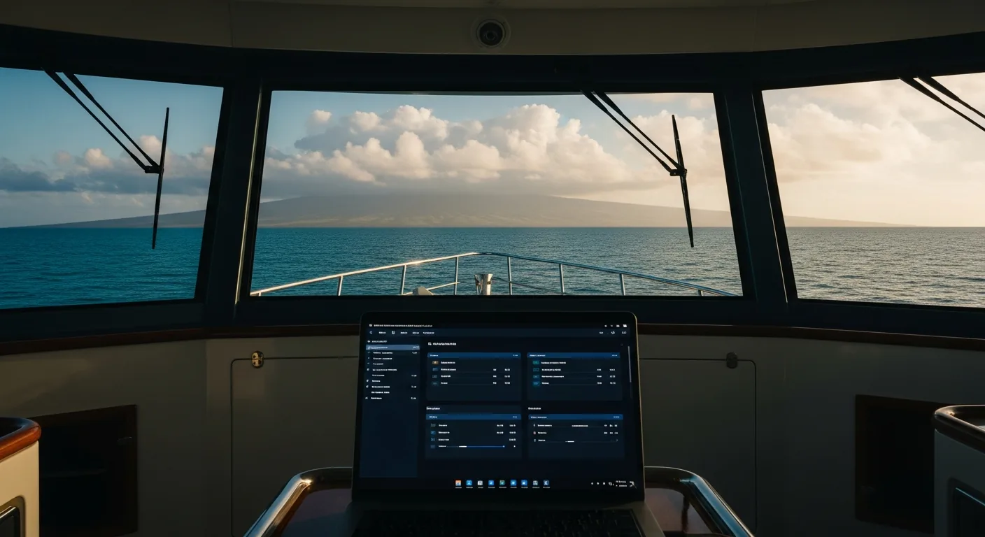 Looping secure operations dashboard on a yacht bridge laptop.