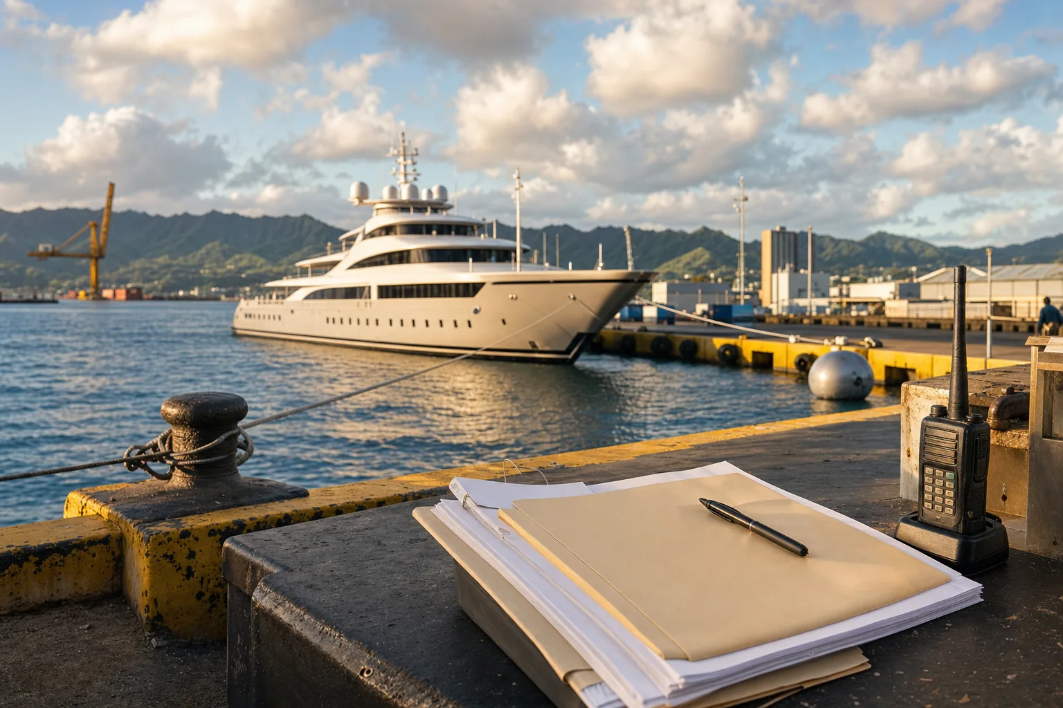 Port-call clearance documents and dossier on the dock