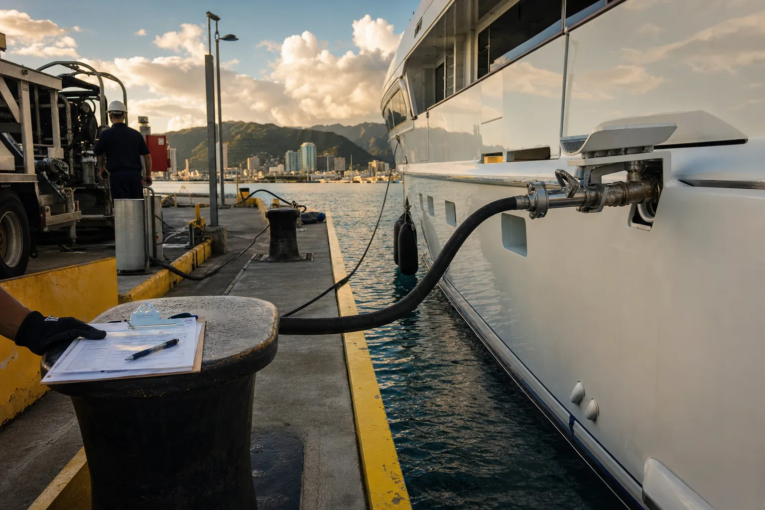 Fuel bunkering hose connected to a yacht at the fuel dock