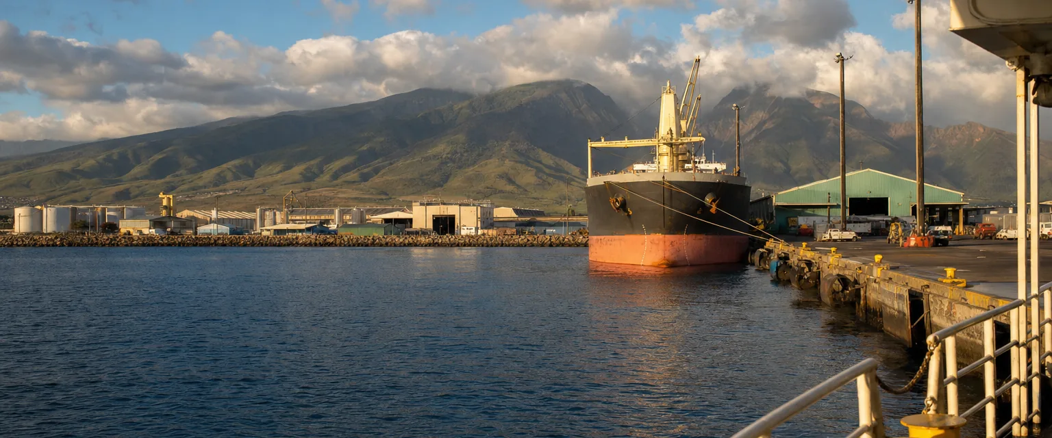 Kahului Harbor, Maui, with the West Maui Mountains behind