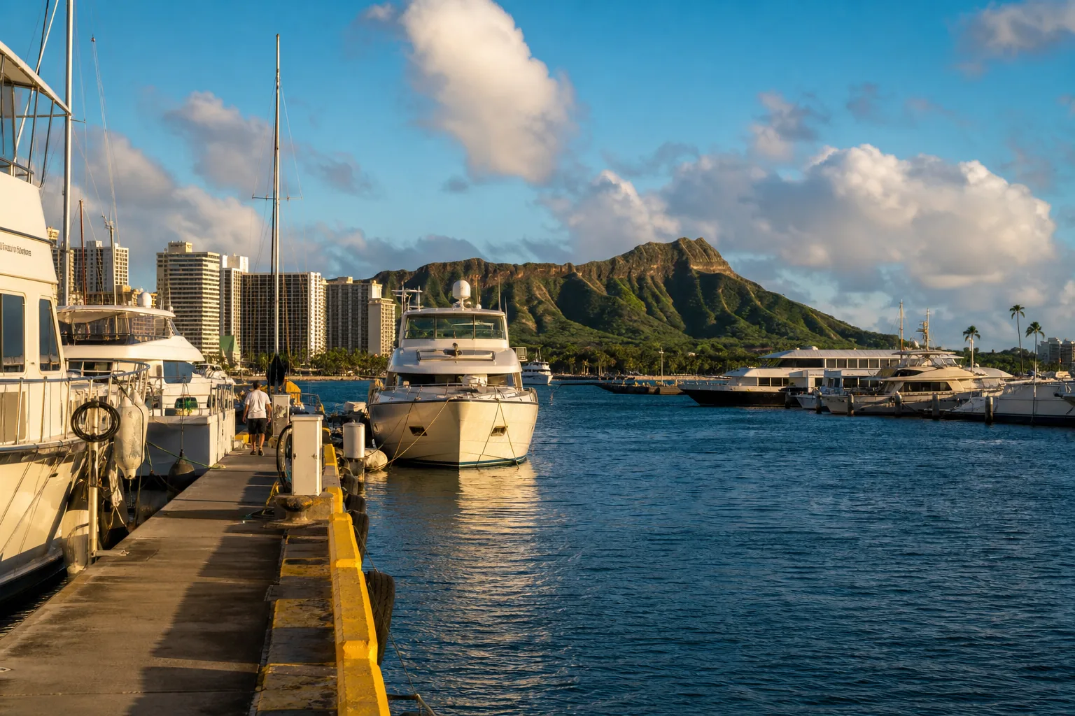 Yachts at the Ala Wai small-boat harbor with Diamond Head behind