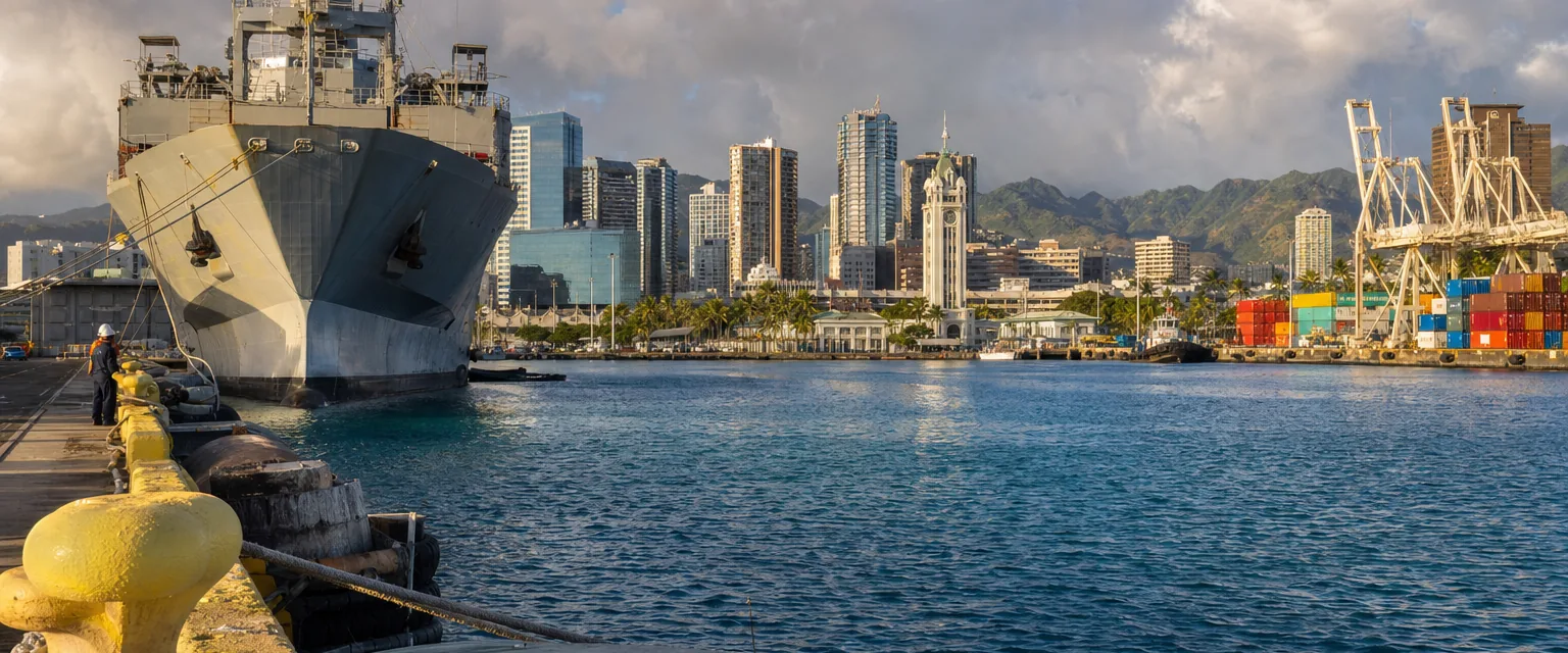 A vessel at Honolulu Harbor with the Aloha Tower and downtown skyline