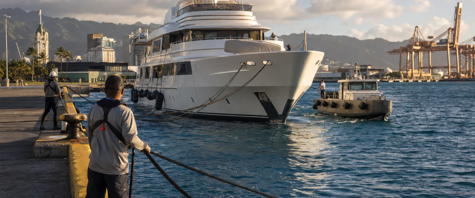 Line handlers bringing a superyacht alongside a berth at Honolulu Harbor