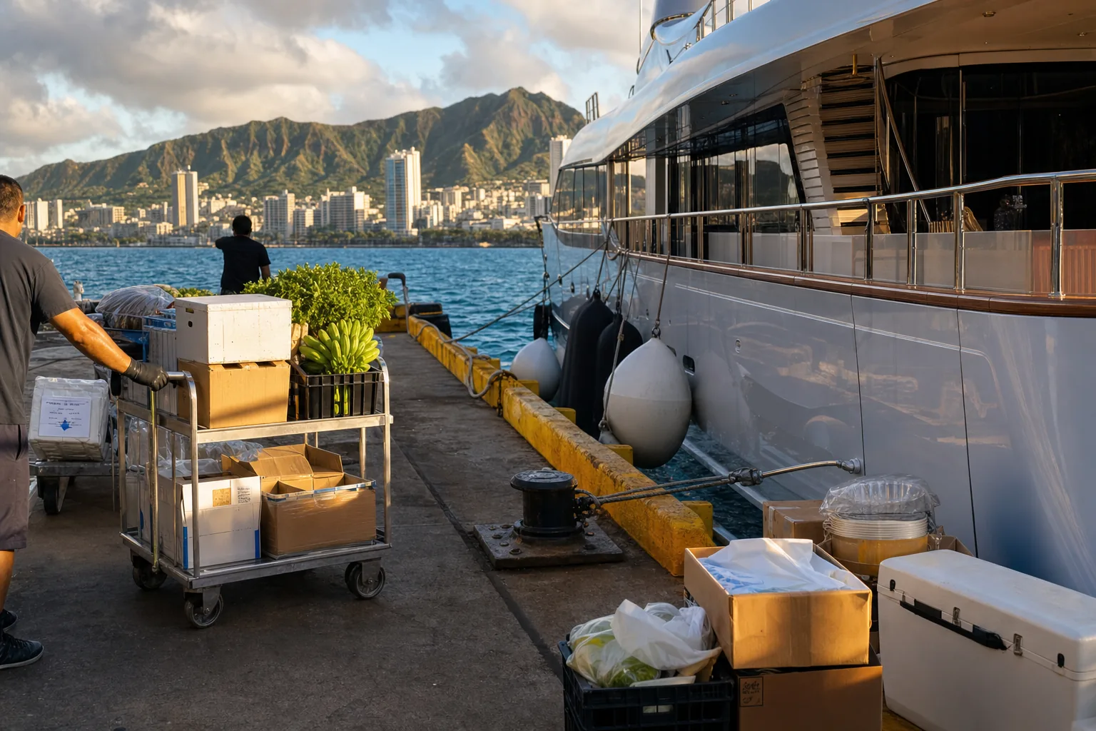 Provisioning supplies staged on the dock beside a yacht