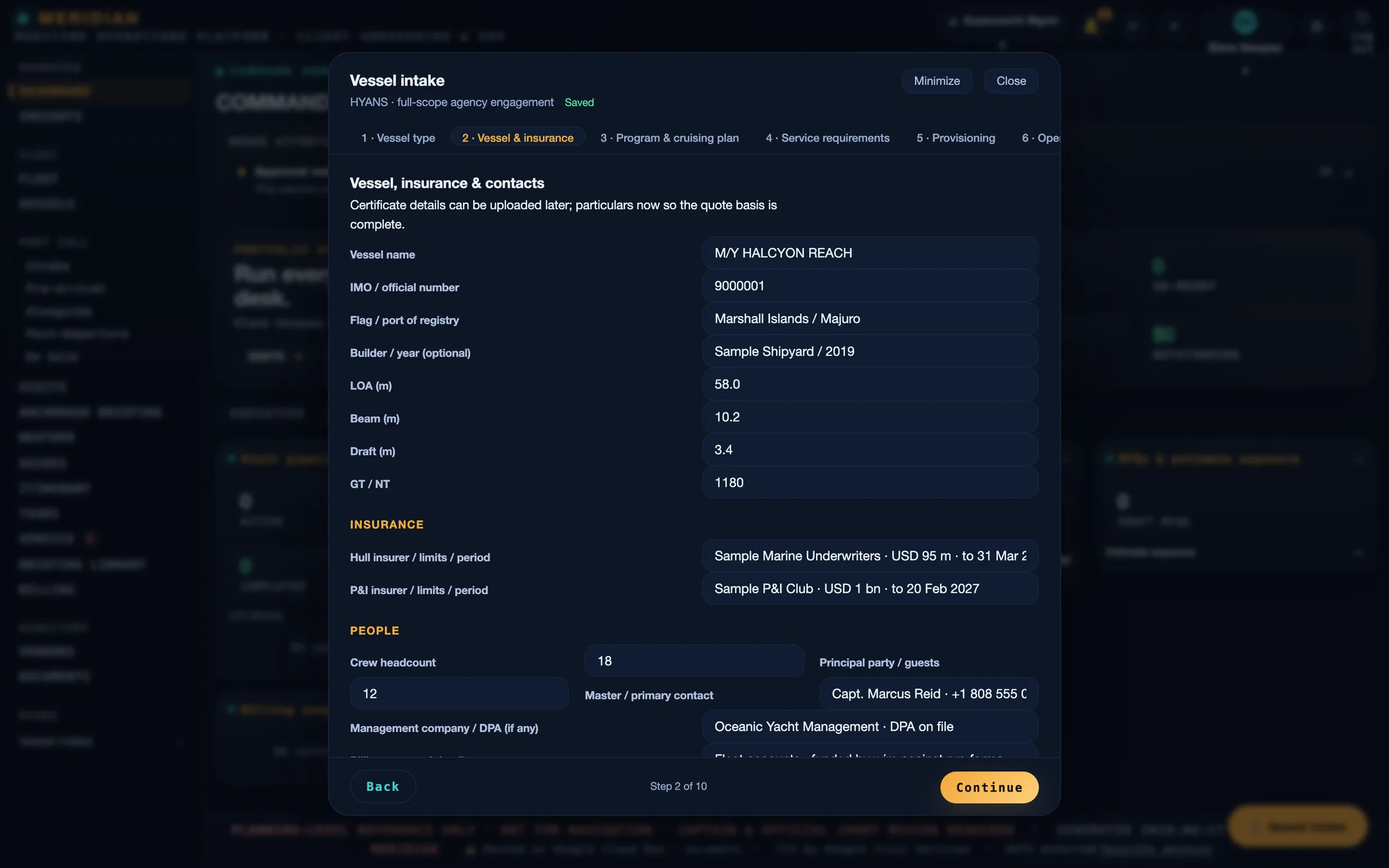 The MERIDIAN vessel-intake wizard on step 2, showing vessel particulars, hull and P&I insurance, and contact fields filled in for a sample vessel.