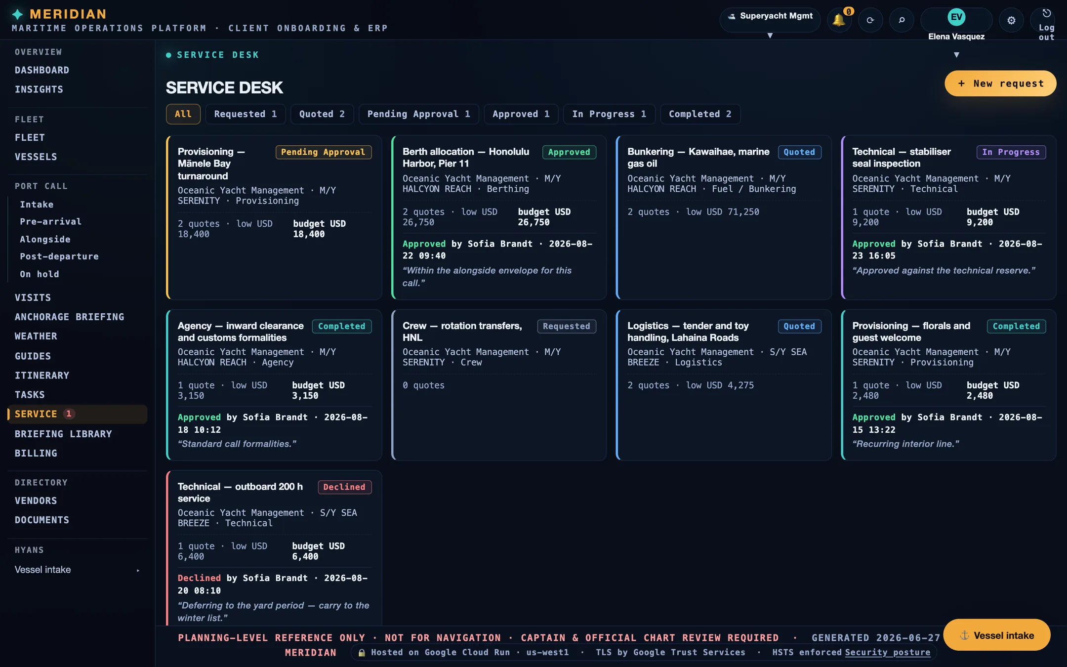 The MERIDIAN service desk showing sample requests across requested, quoted, pending approval, approved, in progress, and completed states, each with quotes and an approval decision line.