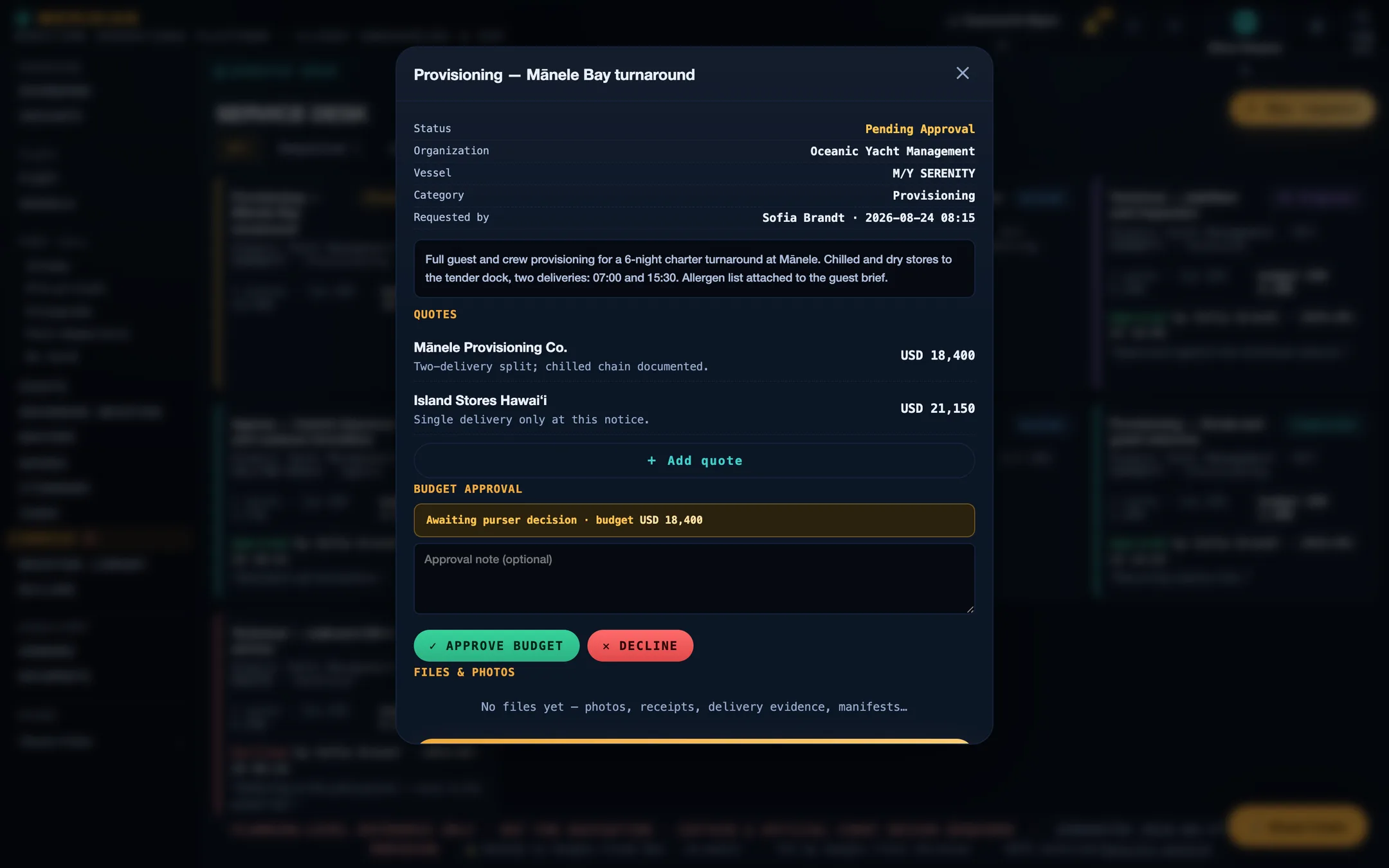 A single MERIDIAN service request open, showing two vendor quotes, the budget awaiting a purser decision, and approve and decline controls.