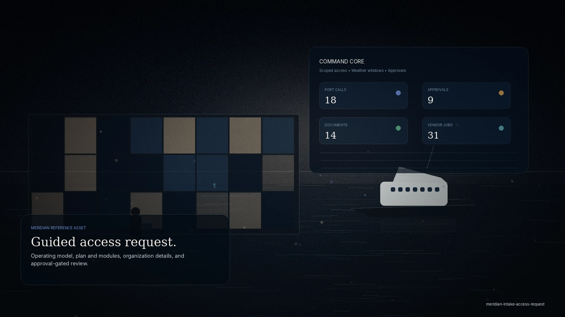 A guided-onboarding moment on a tablet showing an abstract four-step access-request wizard in a premium maritime workspace.