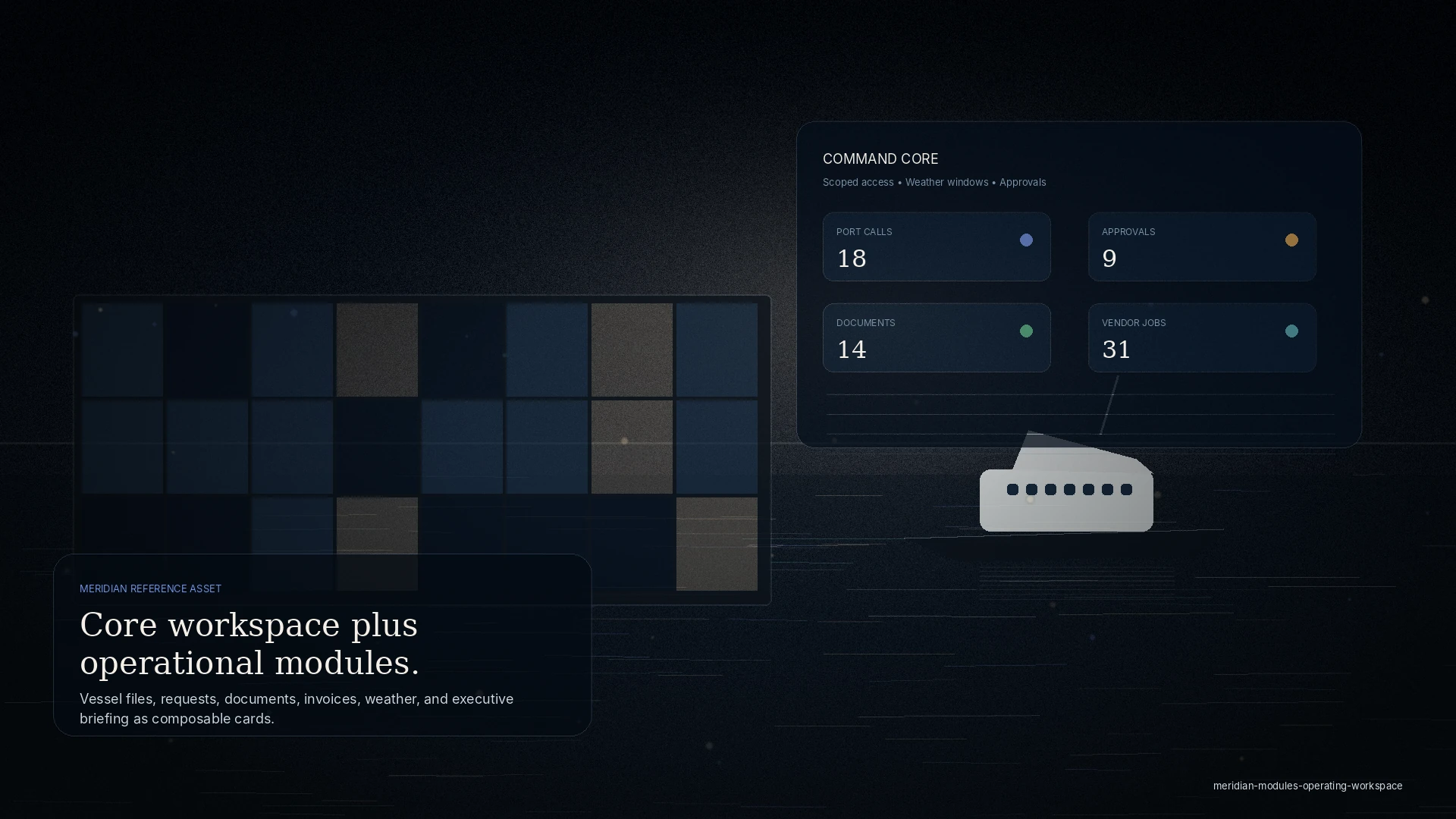 A premium blue-hour operations desktop with nautical charts and a marina beyond the glass; modular workflow panels read only as abstract glow.