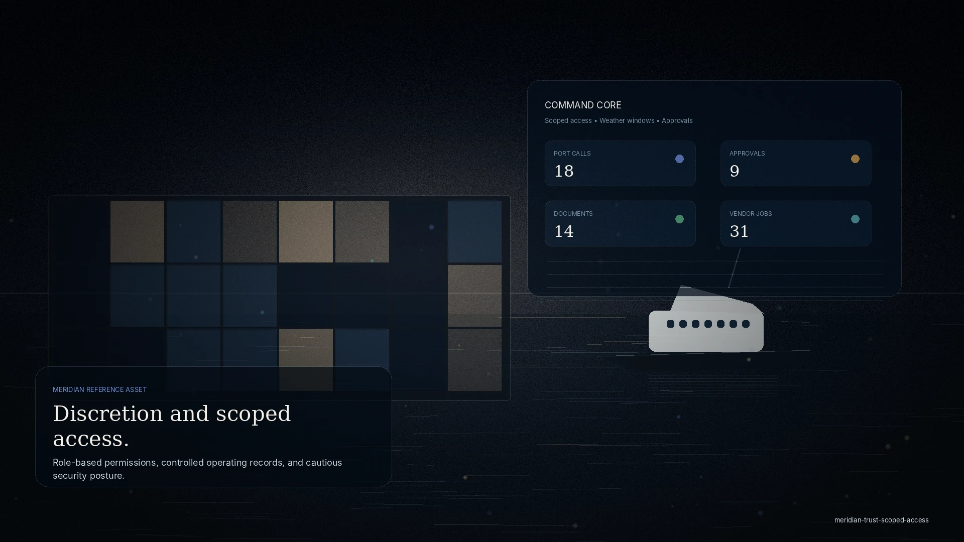 A discreet security composition in muted steel and navy — layered translucent permission panels and a controlled operating file as refined interface glow.